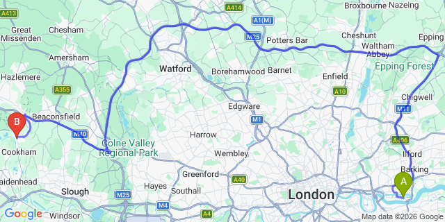 Map: London City Airport (LCY) to Bourne End