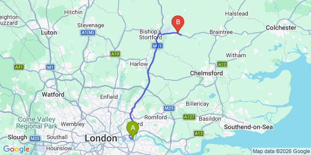 Map: London City Airport (LCY) to Brentwood