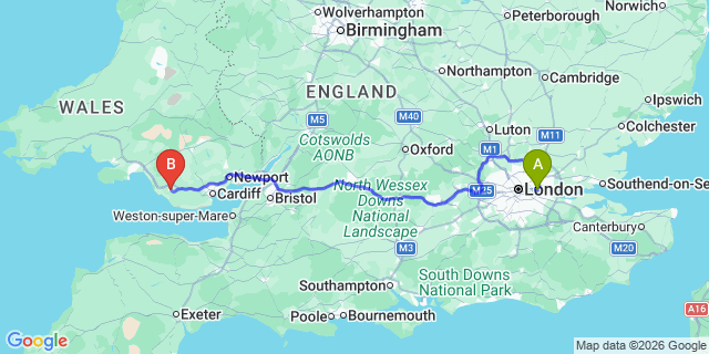 Map: London City Airport (LCY) to Bridgend