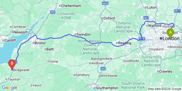Map: London City Airport (LCY) to Bridgwater