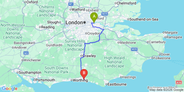 Map: London City Airport (LCY) to Brighton