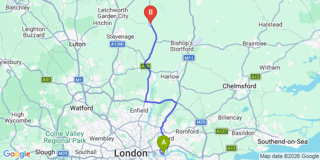 Map: London City Airport (LCY) to Buntingford