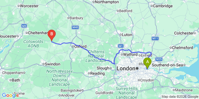 Map: London City Airport (LCY) to Burford