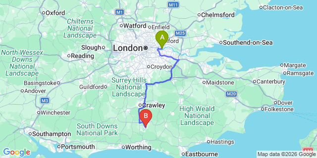 Map: London City Airport (LCY) to Burgess Hill
