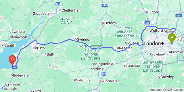 Map: London City Airport (LCY) to Burnham-On-Sea