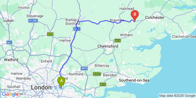 Map: London City Airport (LCY) to Bury St Edmunds
