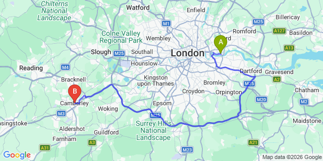 Map: London City Airport (LCY) to Camberley