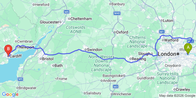 Map: London City Airport (LCY) to Cardiff