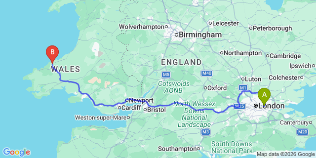 Map: London City Airport (LCY) to Cardigan