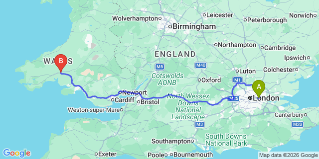 Map: London City Airport (LCY) to Carmarthen