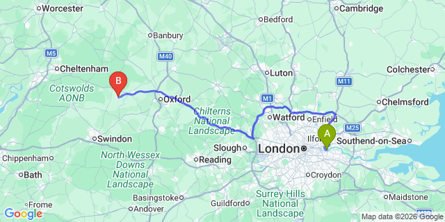 Map: London City Airport (LCY) to Carterton
