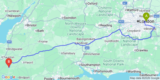 Map: London City Airport (LCY) to Chard