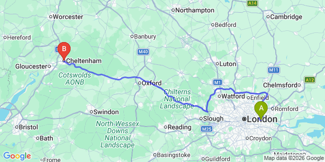 Map: London City Airport (LCY) to Cheltenham