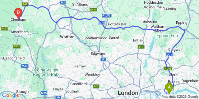 Map: London City Airport (LCY) to Chesham