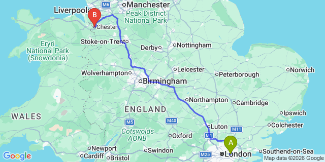 Map: London City Airport (LCY) to Chester