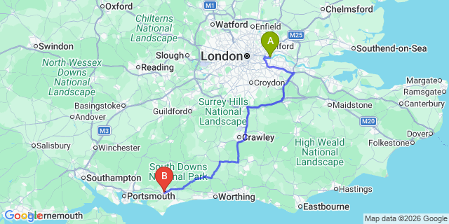 Map: London City Airport (LCY) to Chichester