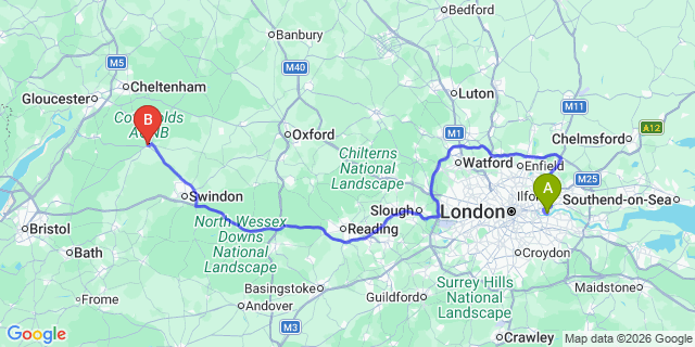 Map: London City Airport (LCY) to Cirencester
