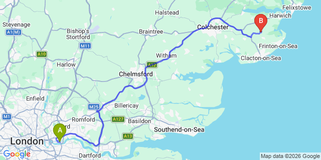 Map: London City Airport (LCY) to Clacton-On-Sea