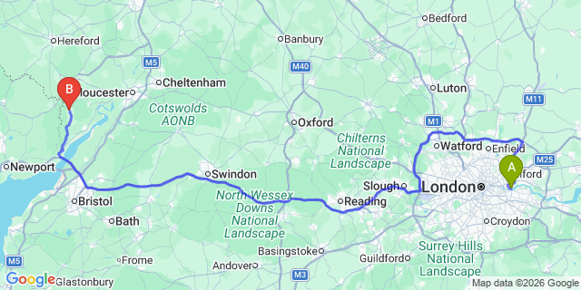 Map: London City Airport (LCY) to Coleford