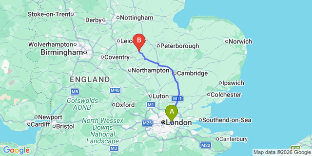 Map: London City Airport (LCY) to Corby