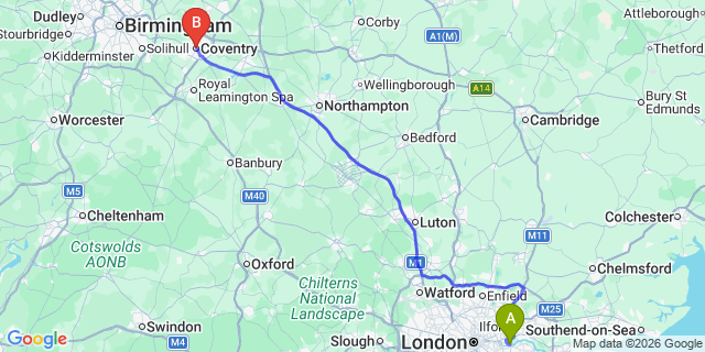 Map: London City Airport (LCY) to Coventry