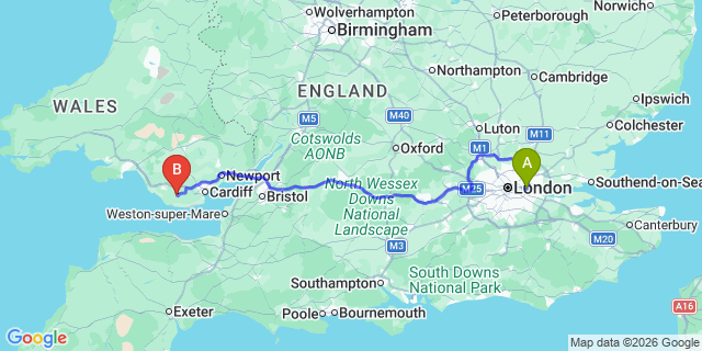 Map: London City Airport (LCY) to Cowbridge