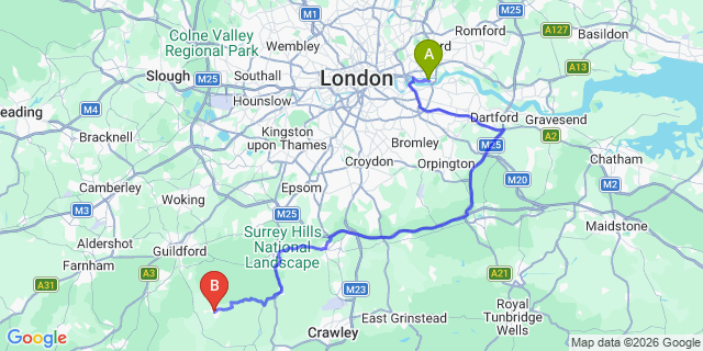 Map: London City Airport (LCY) to Cranleigh