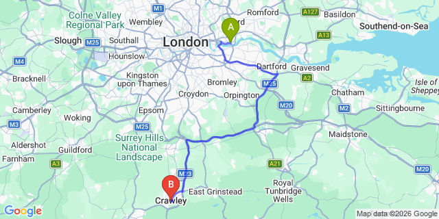 Map: London City Airport (LCY) to Crawley