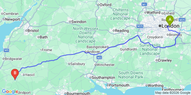 Map: London City Airport (LCY) to Crewkerne