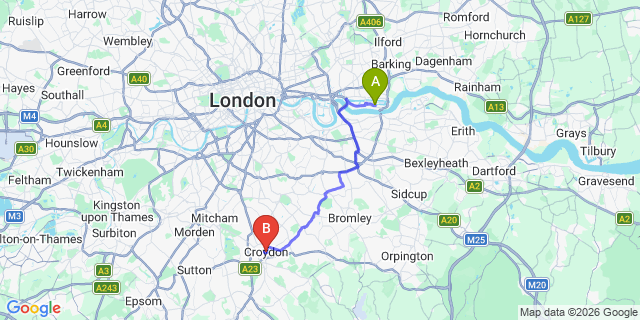 Map: London City Airport (LCY) to Croydon