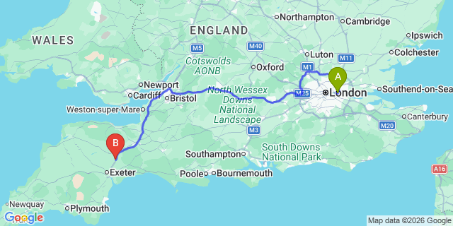 Map: London City Airport (LCY) to Cullompton