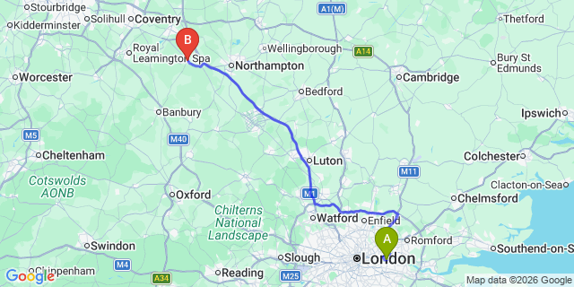 Map: London City Airport (LCY) to Daventry