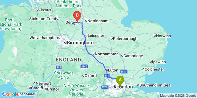 Map: London City Airport (LCY) to Derby
