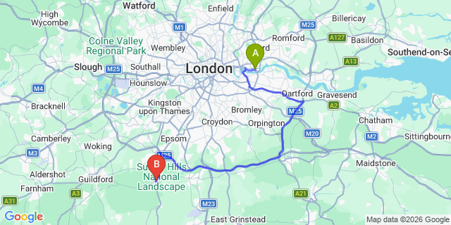 Map: London City Airport (LCY) to Dorking