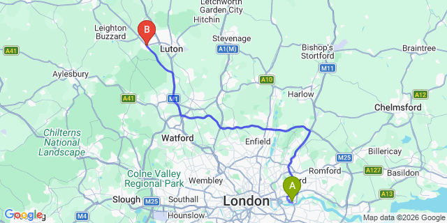 Map: London City Airport (LCY) to Dunstable
