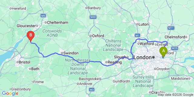 Map: London City Airport (LCY) to Dursley