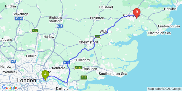 Map: London City Airport (LCY) to East Dereham