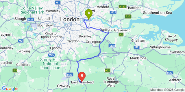 Map: London City Airport (LCY) to East Grinstead