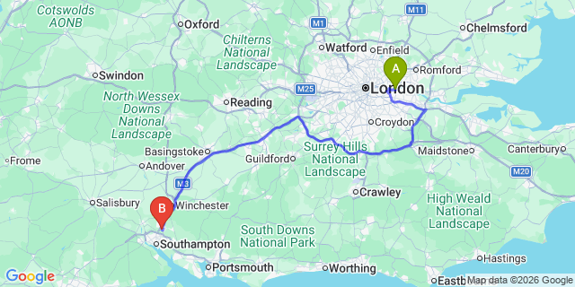 Map: London City Airport (LCY) to Eastleigh