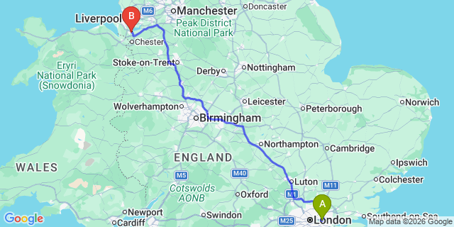 Map: London City Airport (LCY) to Ellesmere Port