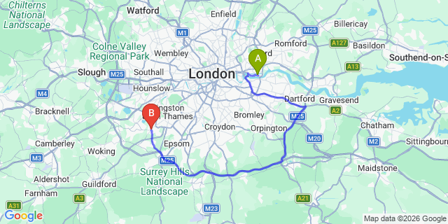 Map: London City Airport (LCY) to Esher