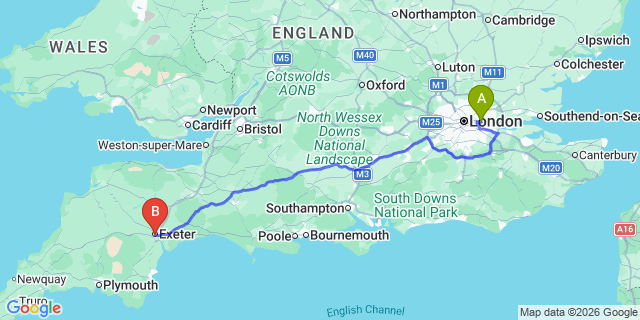 Map: London City Airport (LCY) to Exeter