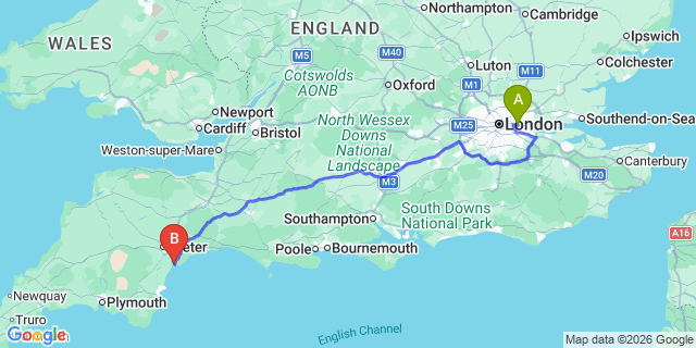 Map: London City Airport (LCY) to Exmouth