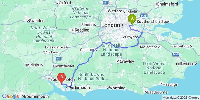Map: London City Airport (LCY) to Fareham