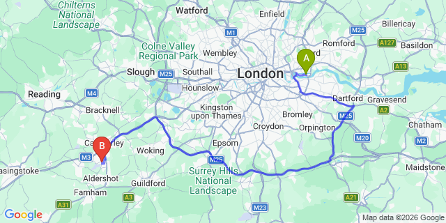 Map: London City Airport (LCY) to Farnborough