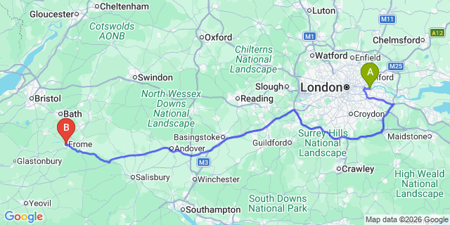 Map: London City Airport (LCY) to Frome