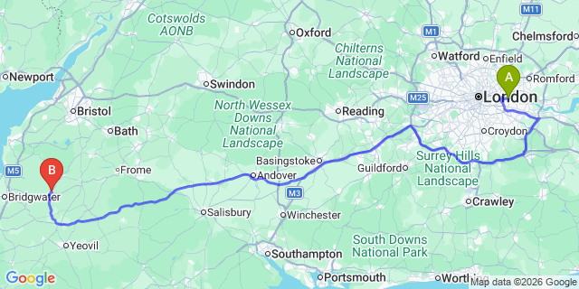 Map: London City Airport (LCY) to Glastonbury
