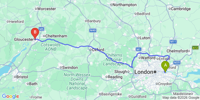 Map: London City Airport (LCY) to Gloucester