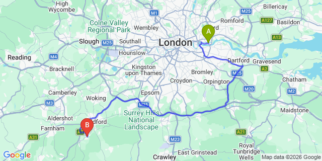 Map: London City Airport (LCY) to Godalming