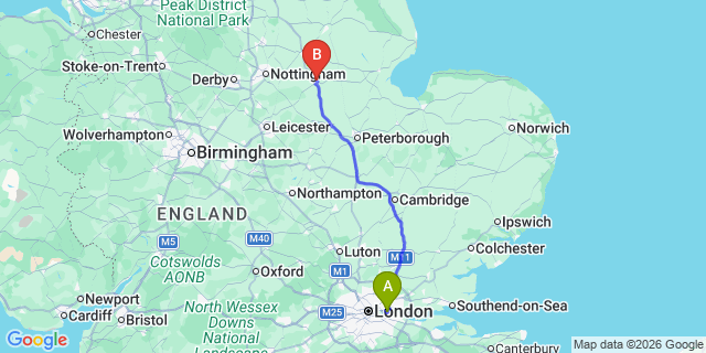 Map: London City Airport (LCY) to Grantham